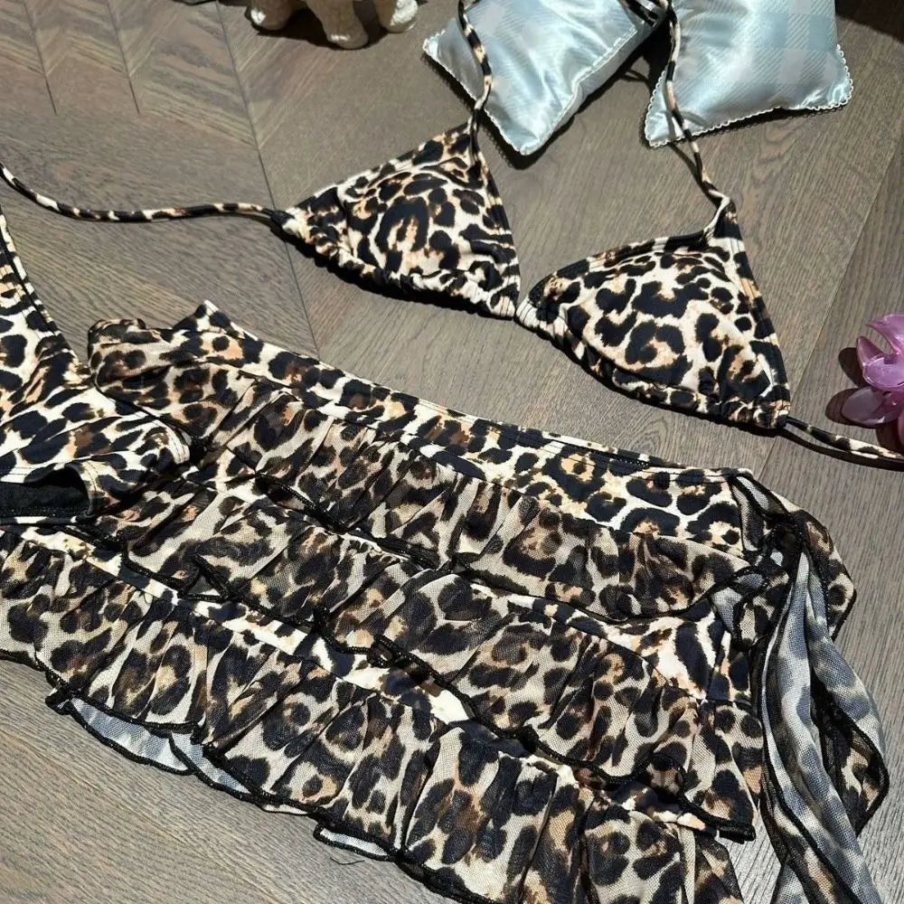 Fashion Leopard Print Women Swimsuit Padded 3-Piece Set Beach Bikini Push Up Sexy Swimsuit Summer Resorts