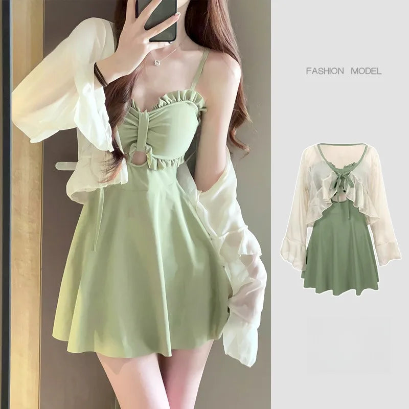 Swimsuit Women's 2025 Summer One-piece Thin Conservative Skirt Avocado Green High-end Sensual Hot Spring Swimsuit