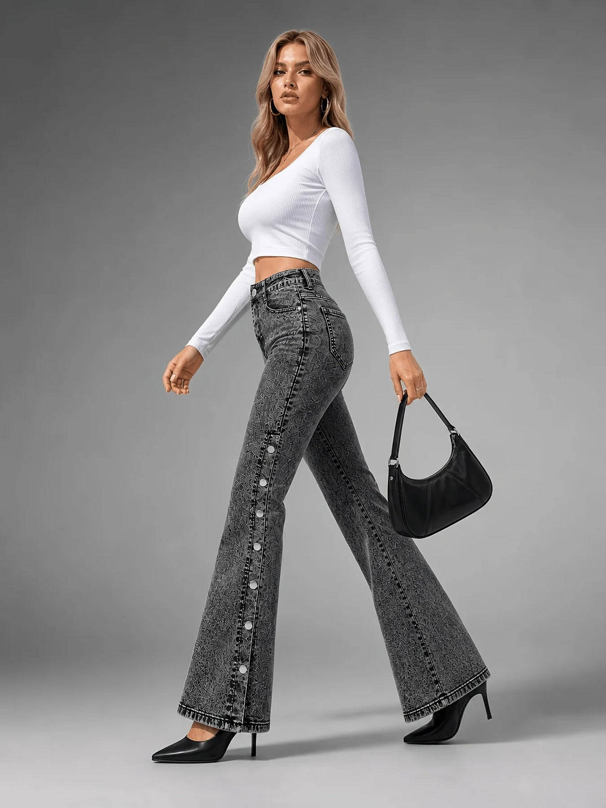 Classic and retro stretch flared jeans for women, with a mid-waist side slit and multi-button design, slimming and lifting the buttocks, elegant and fashionable, versatile, perfect holiday gift, autumn jeans for wo