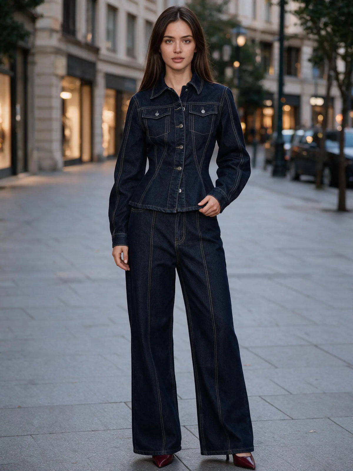 Women's Low Waist Wide Leg Jeans Dark Raw Denim Contrast Stitch Loose Long Trousers Non Stretch Casual Pants With Pockets