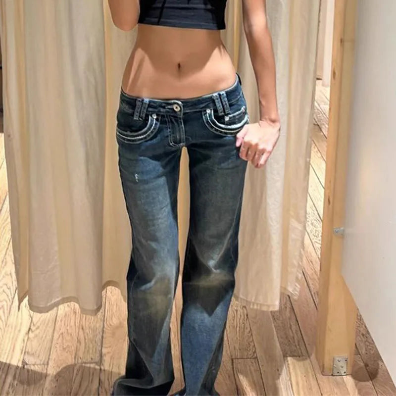 Women's Vintage High Street Low-Waisted Jeans 2025 All-Match Wide Leg Y2K Denim Trousers Female Sexy Slim Fit Flares Pants