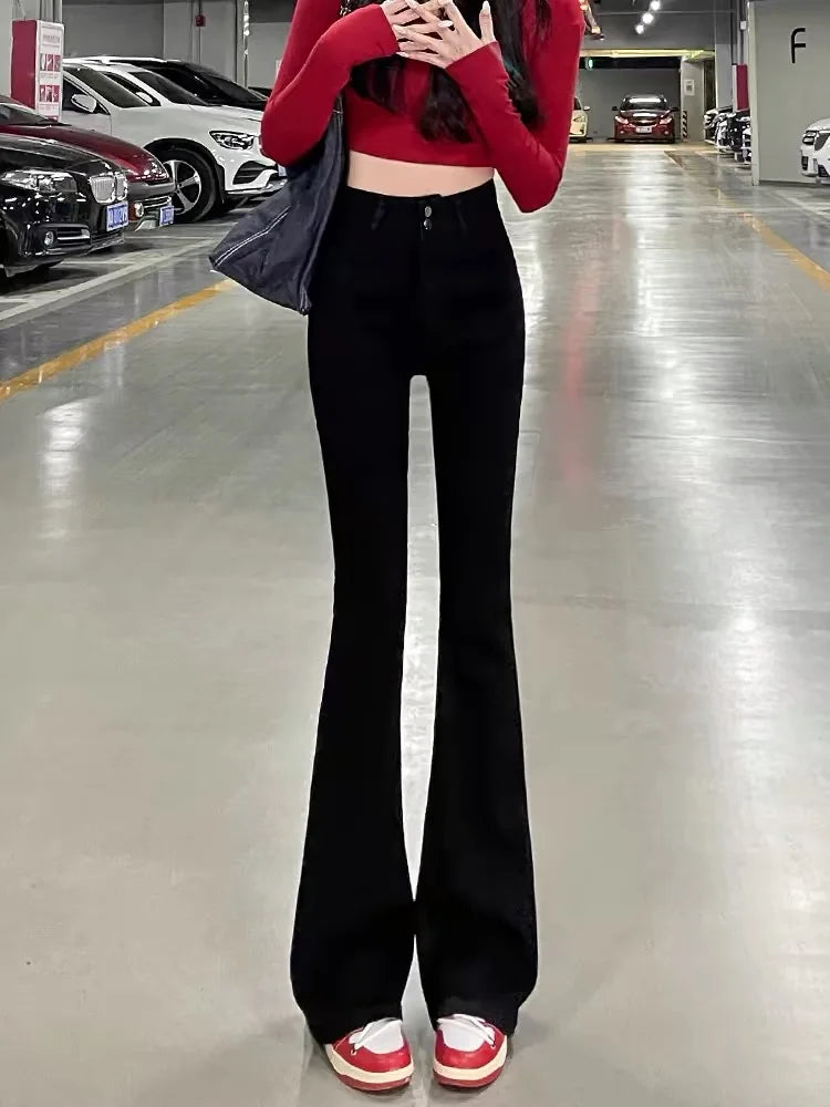 Jeans High Waist Slim Fit Micro Flared Denim Jeans Women's Spring Elastic Double Buttoned Wide Leg Pants Casual Pure Color Jeans