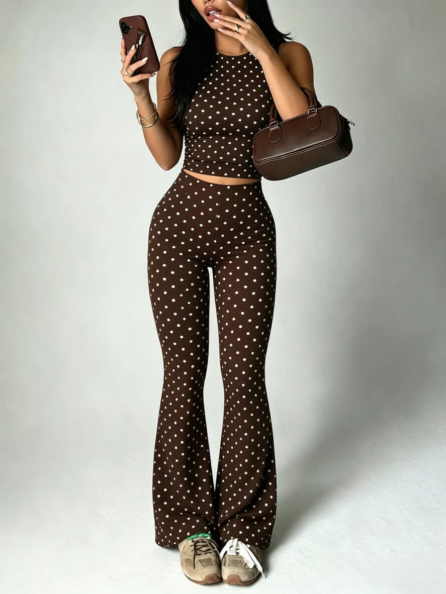 2Packs Y2K Women Polka Dot 2 Piece Set Crop Tank High Waist Flare Pants Vintage Club Daily Outfit