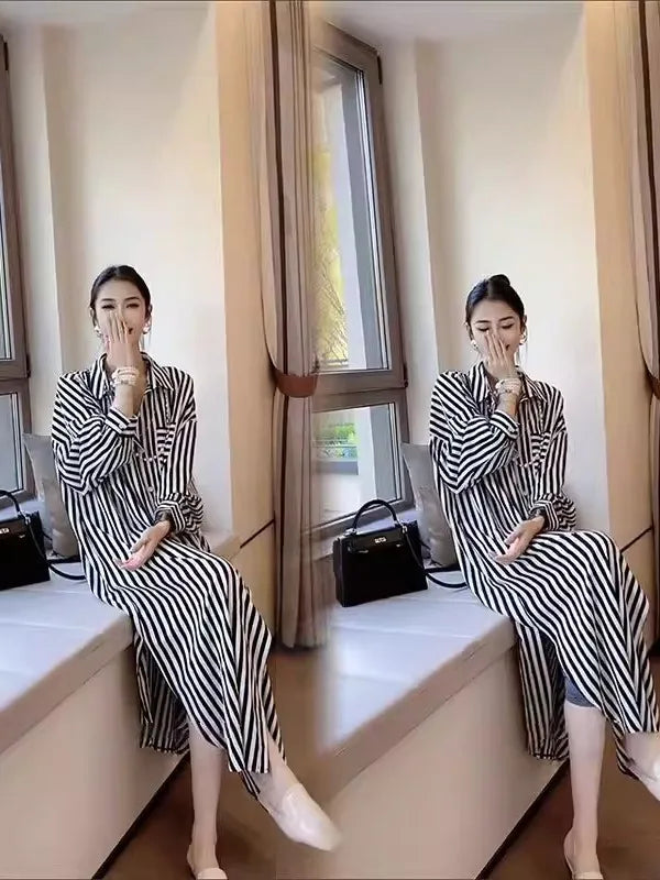 Women's Striped Loose Fit Midi Dress Long Sleeve Korean Style Slimming Sun Protection Casual Shirt Dress for Daily Wear