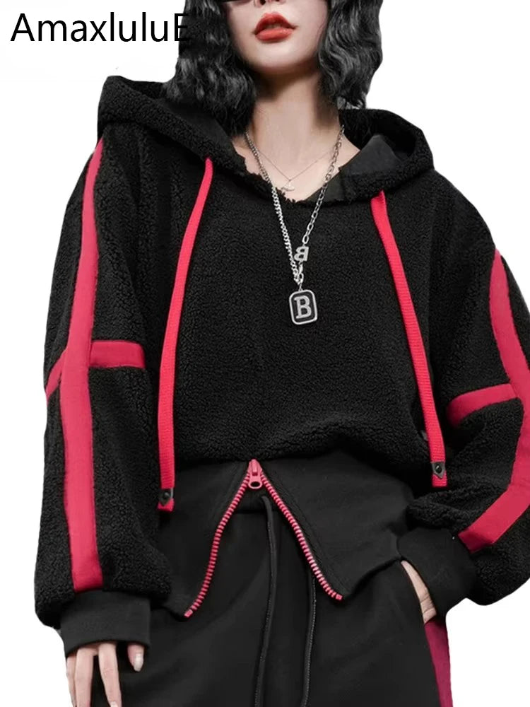 AmaxluluE Korean Winter Fashion Loose Hoodies Womens Vintage Striped Sweatshirts Ladies Classic Leisure Punk Hooded Fur Clothes
