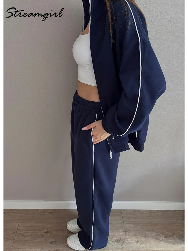 Women's Oversized Sports Suit Red Autumn 2026 Blue Tracksuit 2 Pieces Side Stripe Zip Up Sweatshirts Cotton Women Sweatsuits