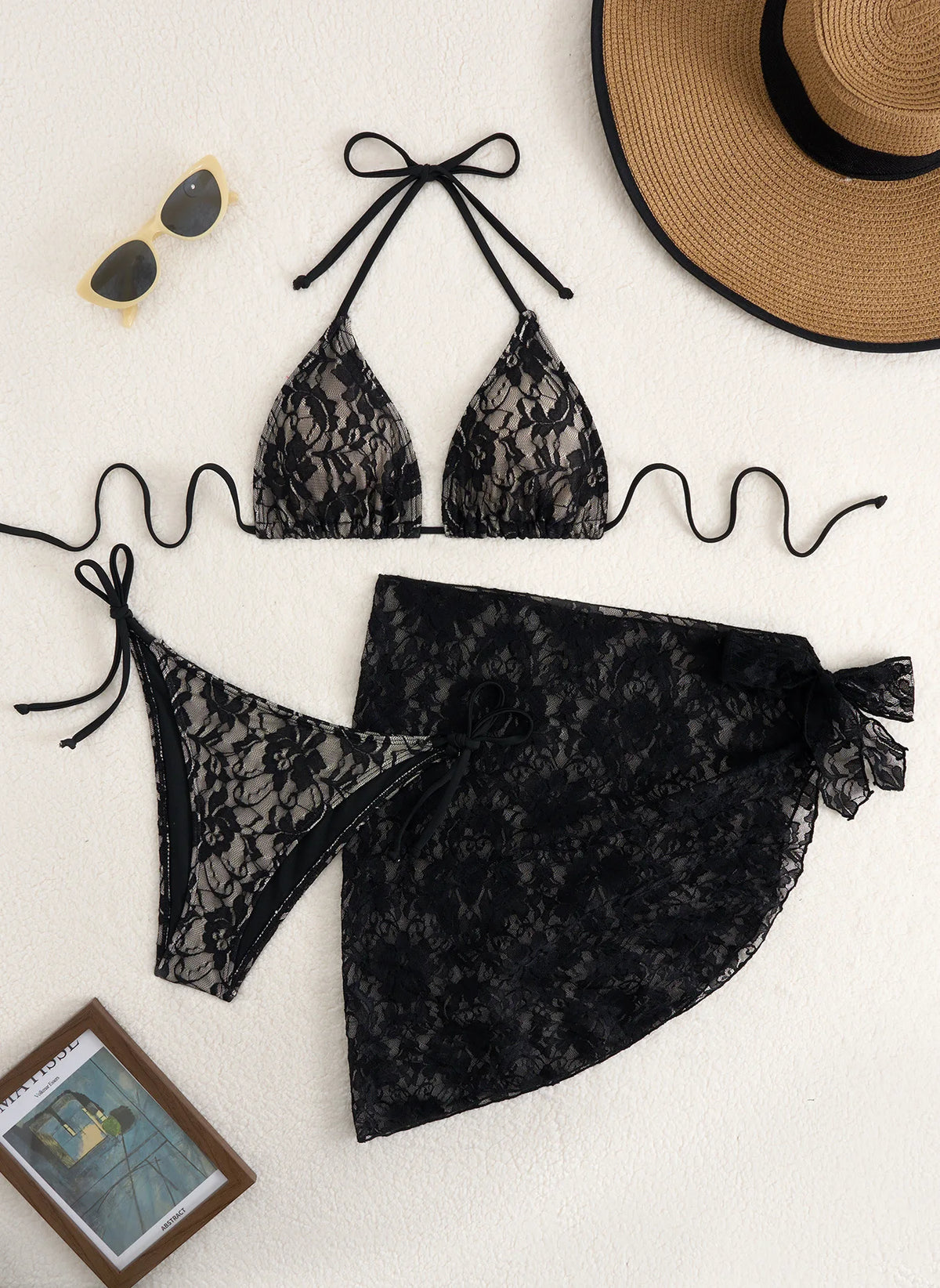 2025 lace strap bikini three-piece set women's swimsuit beach swimsuit