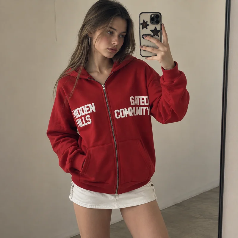 Women Zip Up Hoodie Letter Print Long Sleeve Oversized Sweatshirt Casual Y2K Streetwear Jacket Black Red Hooded Top for Women
