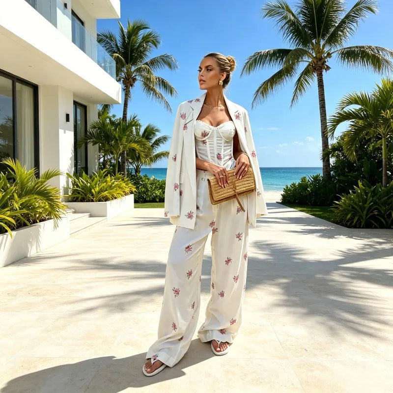 Spot-Floral Printed 3pcs Sets for Women Strap Corset Lapel Blazer Jacket Straight Pants Lady Set Fashion Vacation Outfits Suits