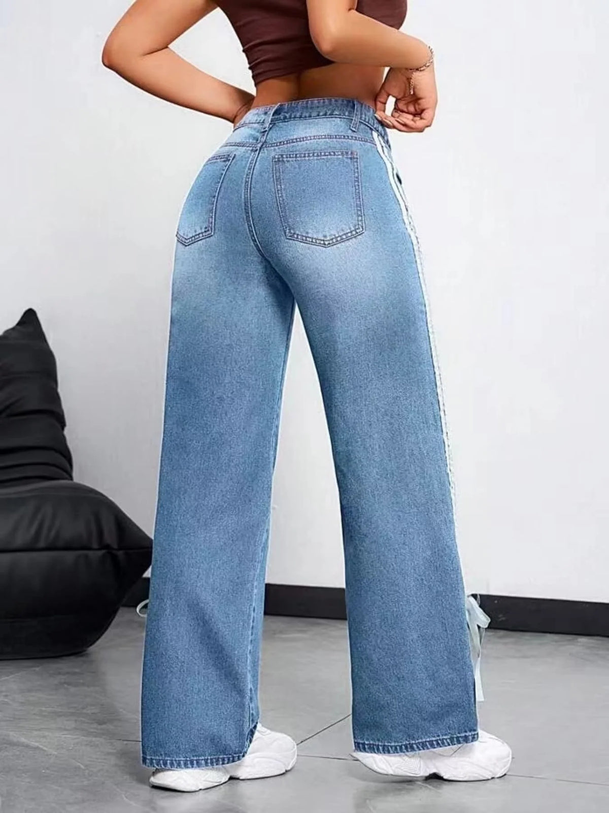 Side Stripe Lace Up High Waist Wide Leg Jeans Medium Blue Washed Slim Versatile Casual Women Jeans