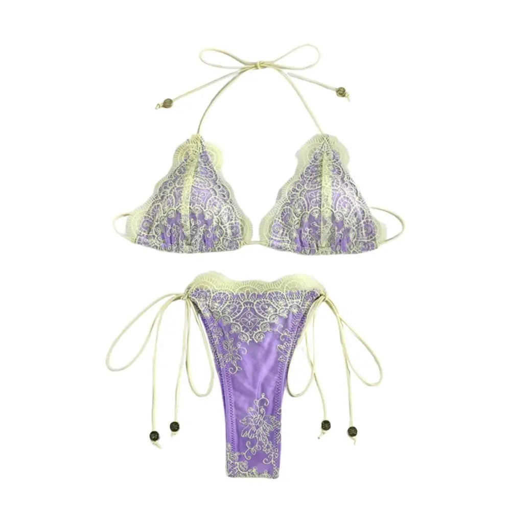 2Pcs/Set Fashion Summer Lace Bikini Set Bandage Patchwork Triangle Swimwear Hollow Casual Beachwear Vacation