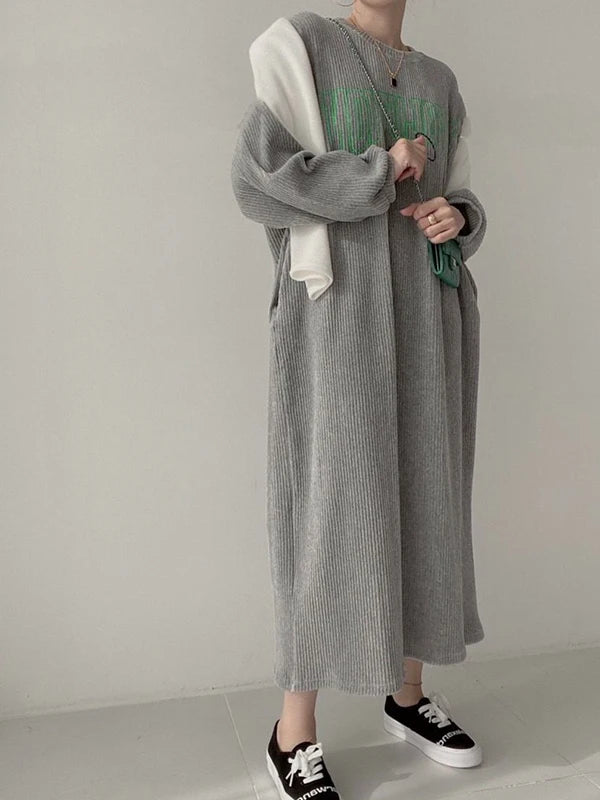 plus Size Women's Casual Korean Style Velvet Print Long Dress Autumn Loose Fit Straight Cut A-Line Dress Trendy Long Skirt