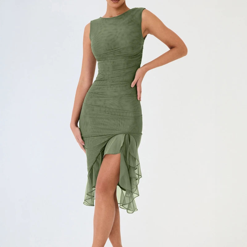 Women Sleeveless Mesh Midi Dress, Crew Neck Side Ruched Asymmetrical Ruffle Slit Bodycon Club Party Evening Dress