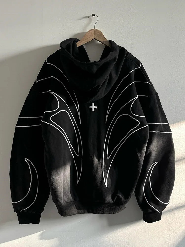Street Retro Fashion Clothing Striped Embroidered Black Double Zipper Hoodie American Hip-hop Punk Oversized Sweatshirt Women