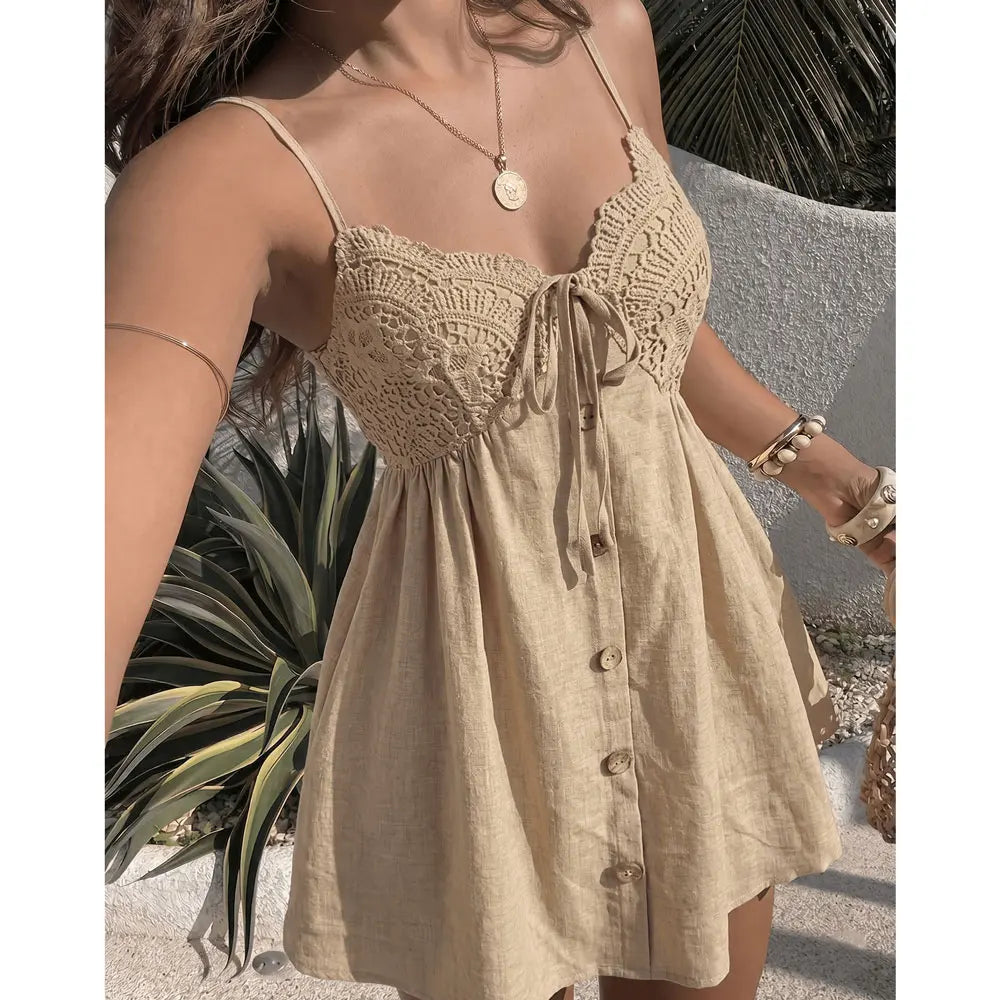 Women Casual Lace Spliced Cami Short Dress, Adjustable Tie‑Waist A‑Line Sleeveless Summer Party Sundress
