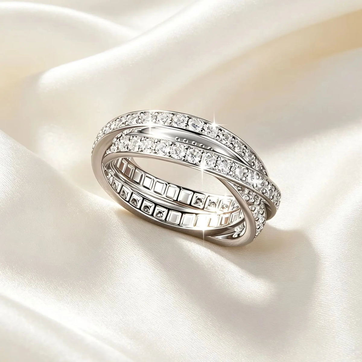 Rings Women Moissanite Abestecom 14K White Gold Plated Women Rings D Color Moissanite Intertwined Three Band Stackable Ring Wedding Eternity Jewelry