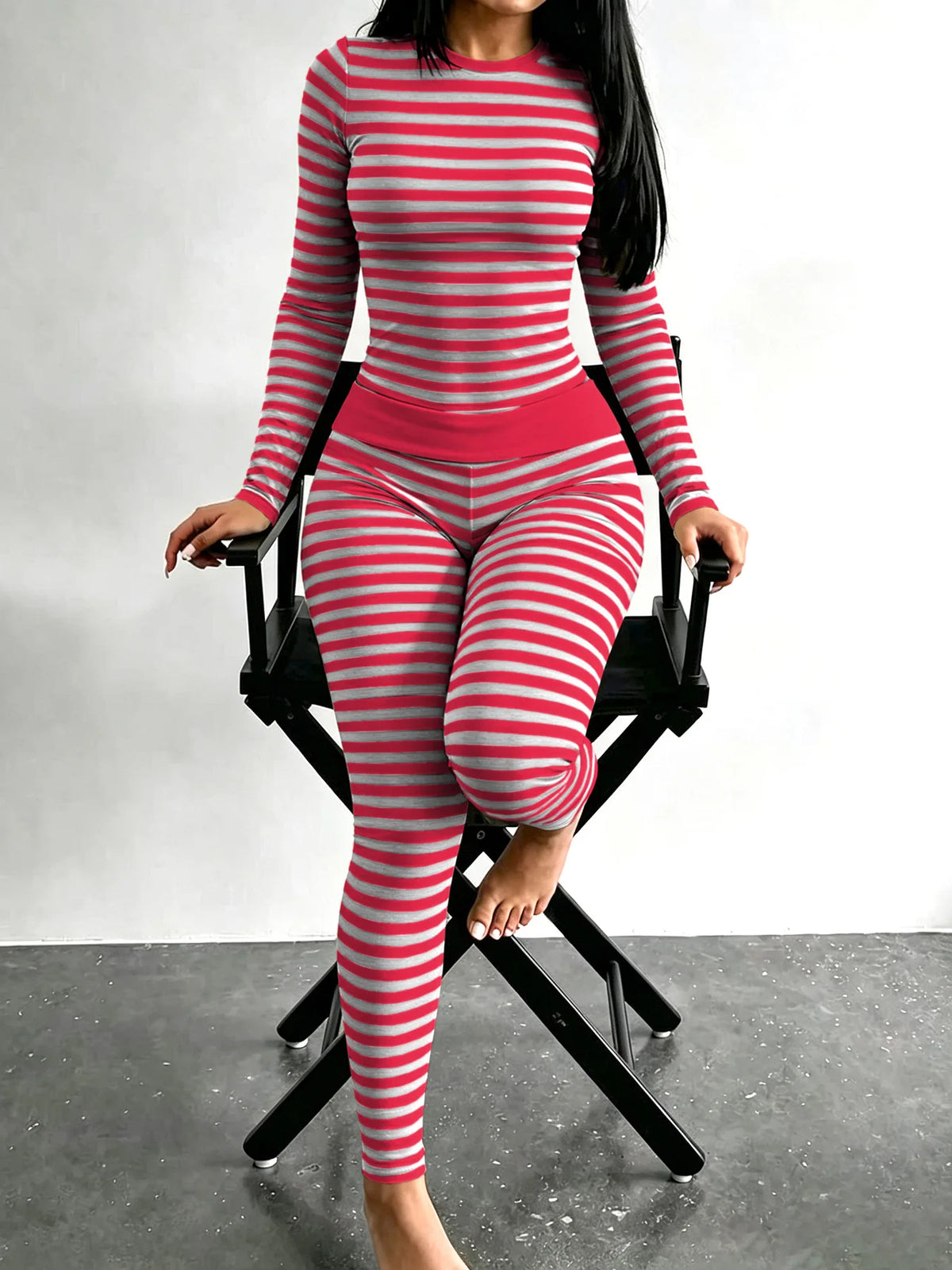 Women's Round Neck Striped Dual Color Long Sleeve Long Pants Fitness Casual Set Tight Home Wear 2026 European And American Cross