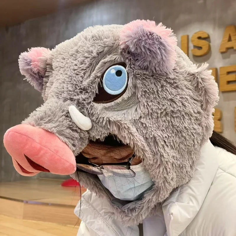 Cosplay Prop Wild Boar Head Plush Hat Demon Slayer Hashibira Inosuke Warm Headgear Cartoon Stuffed Anime Plushies Gifts Boy Fans