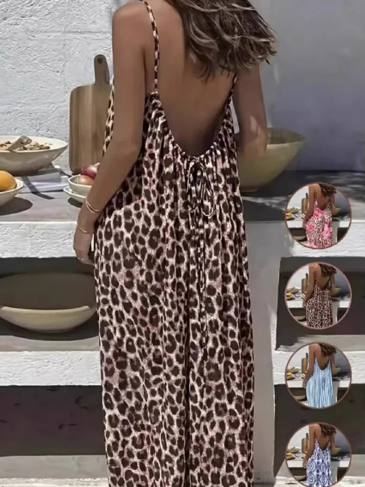 Women's Camisole Backless Dress Loose Pink Leopard Print Female Beach Dresses Summer Elegant Casual Boho Dresses For Women Robe