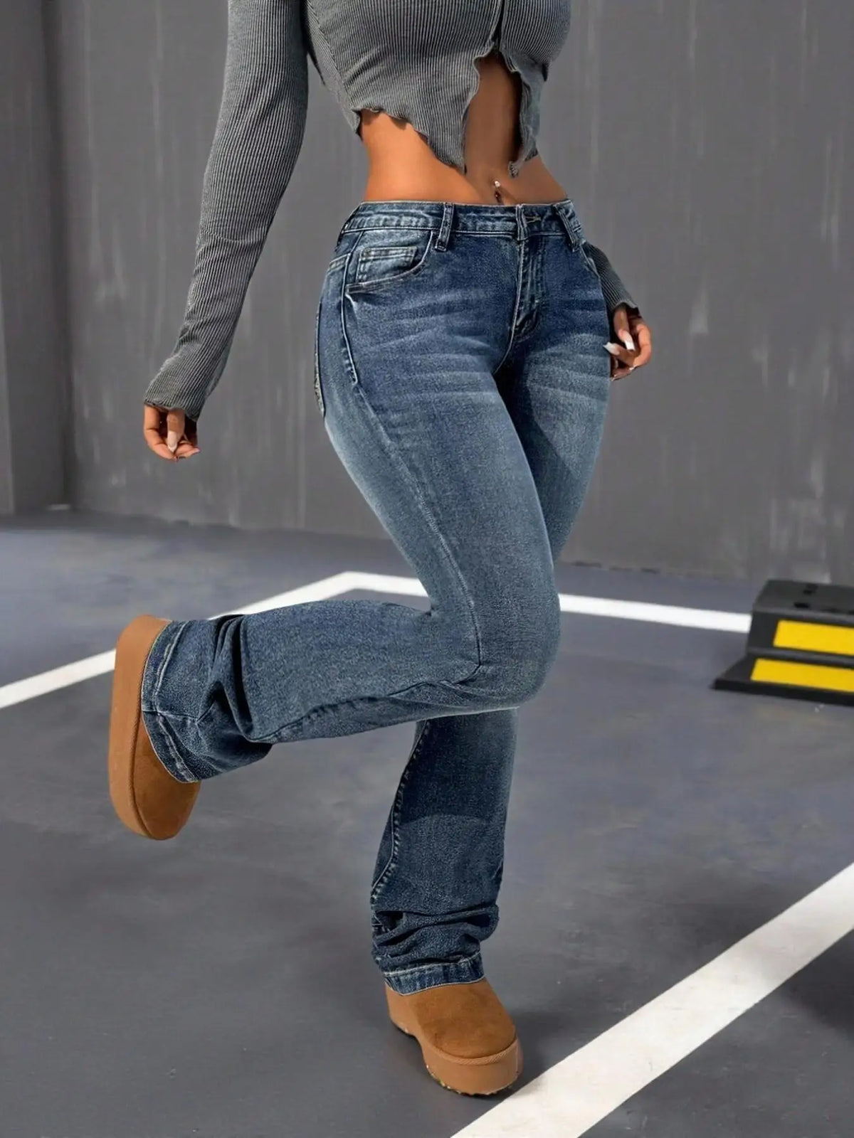 Women's Dark Washed Flare Jeans, Skull Head Rhinestone Embroidery, Fashionable Back Pocket Design, Stylish Denim Jeans