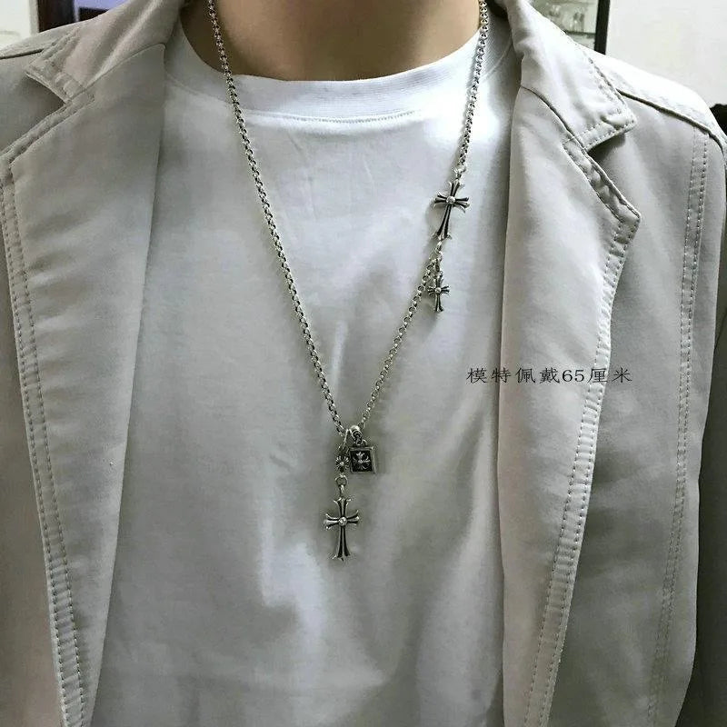 New Cross Necklace Men's and Women's Personality Long Cross Double Pendant Vintage Thai Silver Necklace