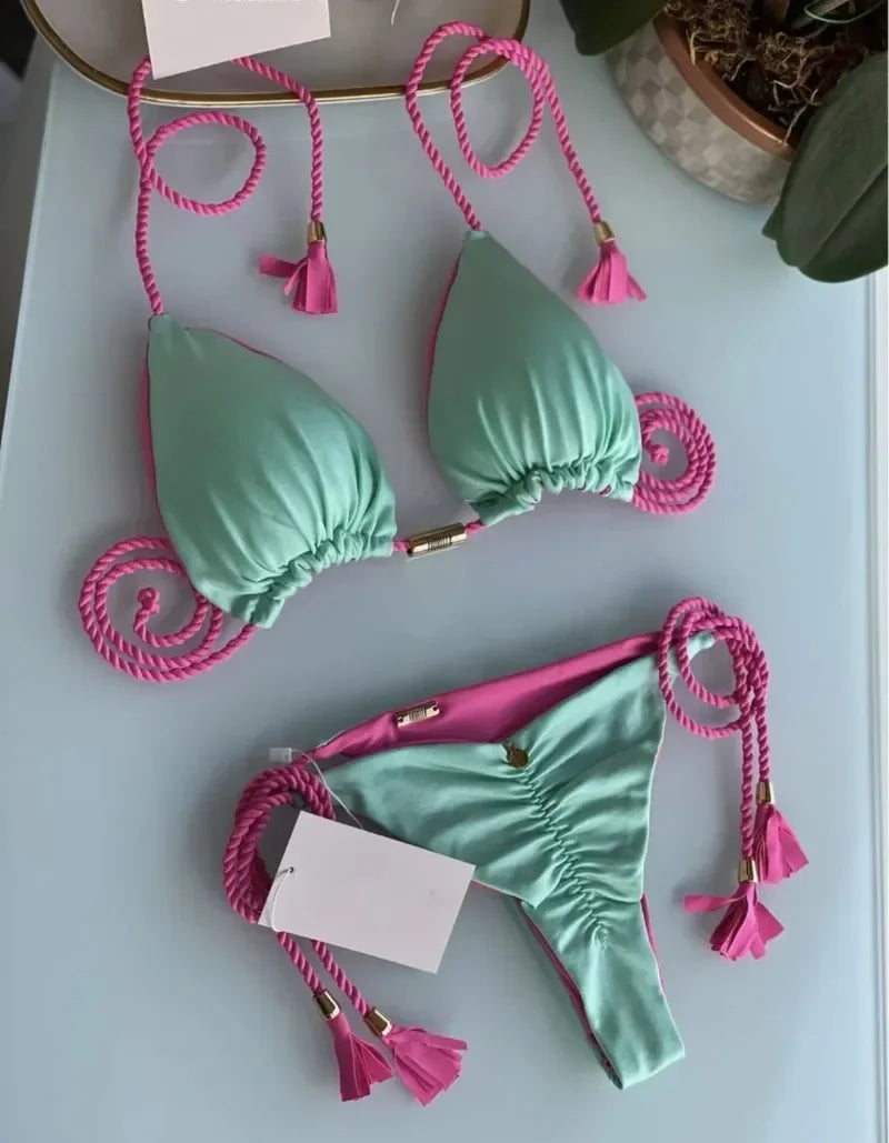Women Contrast Color Tassel Bikini Set Halter Neck String Tie 2 Piece Swimsuit Push‑Up Beachwear Bathing Suit For Summer Beach