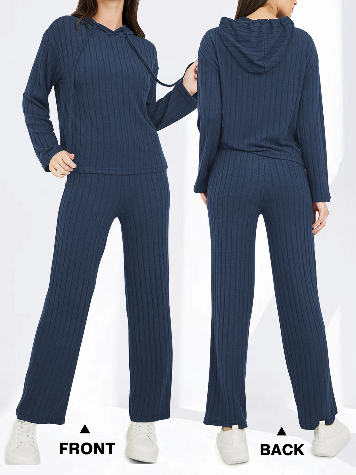2 Pieces Ribbed Knit Outfits Drawstring Hoodies Jogger Pants Matching Pajama Sets with Pockets
