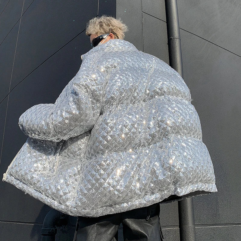 Winter Thickening Sequin Jacket Men's Warm Parka Men Fashion Casual Hooded Coat Man Streetwear Loose Hip Hop Coat
