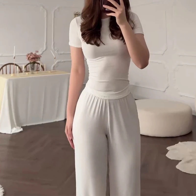 Casual Long Pants Suits Women O-neck Short Sleeve T-shirt Elastic Waist Trousers Set Spring Summer Solid Lady Household Clothes