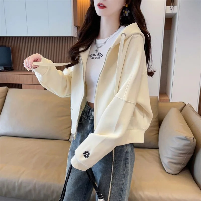 Women's Korean Style Letter Print Cropped Hoodie Zip-Up Sweatshirt Loose Petite Zipper Hooded Coat Casual Trendy Autumn Winter O
