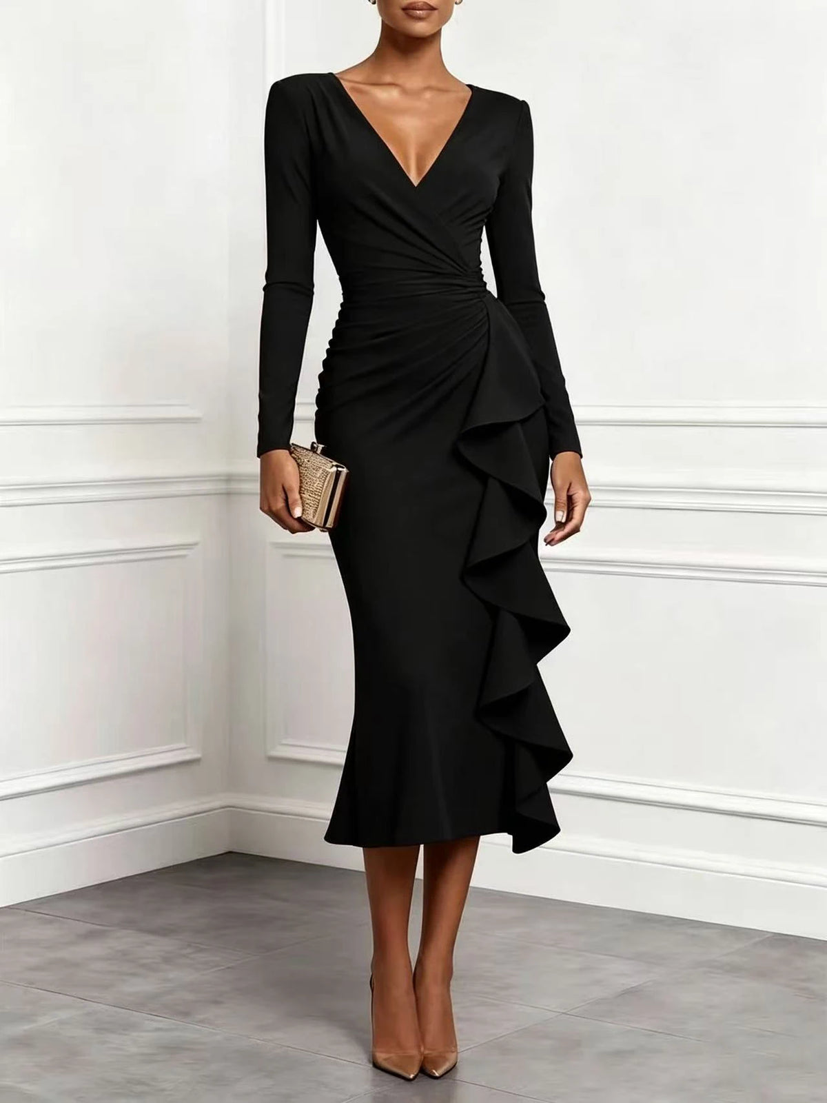 Long Sleeve Plus Size vintage Ruffle in Dresses for Women Casual Spring Autumn Pencil Dress Elegant Clothing