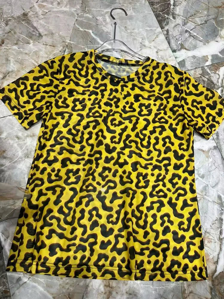 Set 2026 Summer Women's Clothing Retro Geometric Print Knitted T-shirt Two-piece Set + Shirring Loose Mesh Skirt Fashion Suit