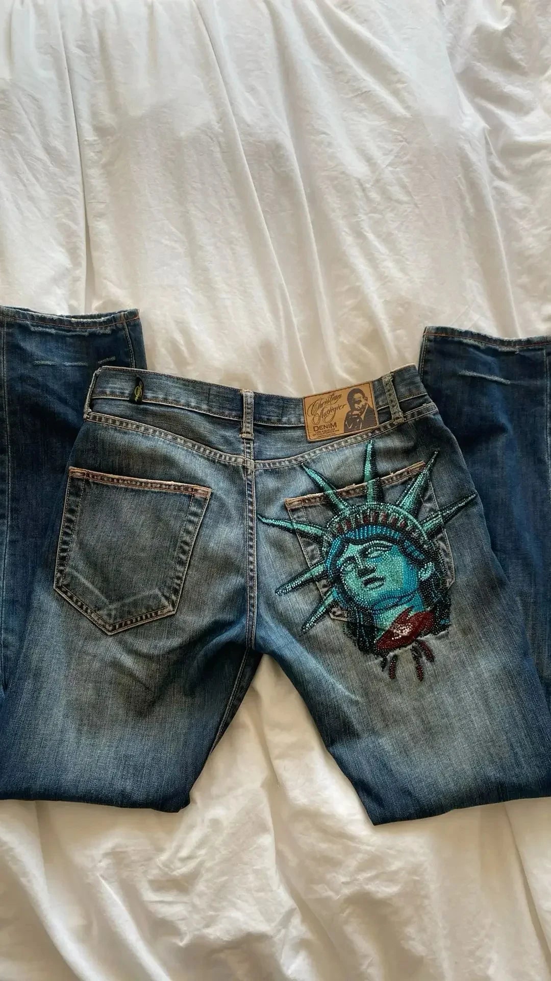 Jeans Women Casual High Waist Straight Wide Leg Jeans Y2k Statue of Liberty Diamonds Denim Pants Harajuku Vintage Women Clothing