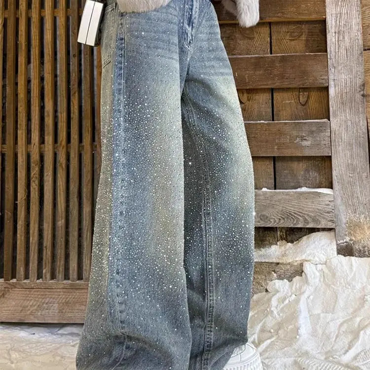 High-quality American-style plus-size retro full-sky rhinestone jeans for women, fashion floor-length pants with design sense