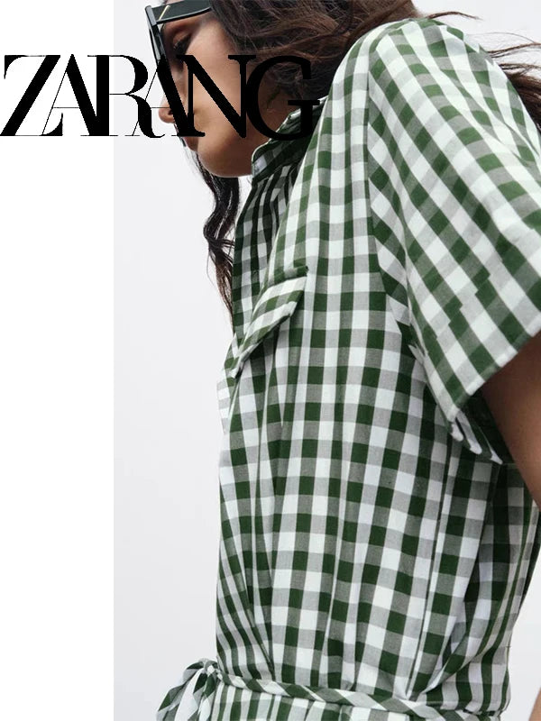 ZAZR Spring 2026 Fashion Shirt Dress Small Plaid Women's Dress Stylish Waist-Cinching Polyester Short Sleeve Loose Fit
