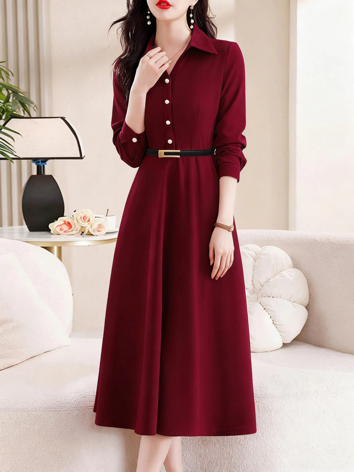 Women Elegant Midi Dress Long Sleeve Office Lady Shirt Dress Turn Down Collar Button A Line Party Work Dress Without Belt Casual