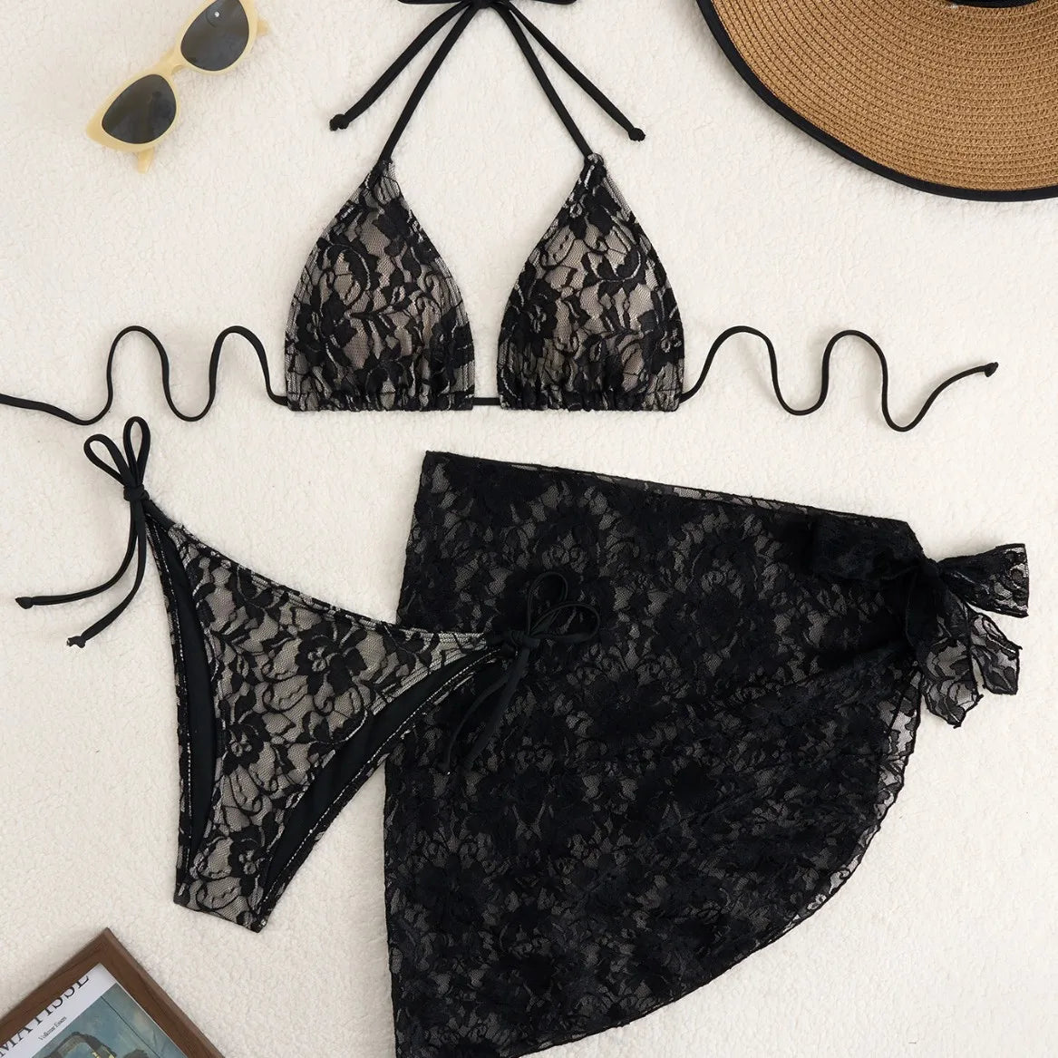 2025 lace strap bikini three-piece set women's swimsuit beach swimsuit