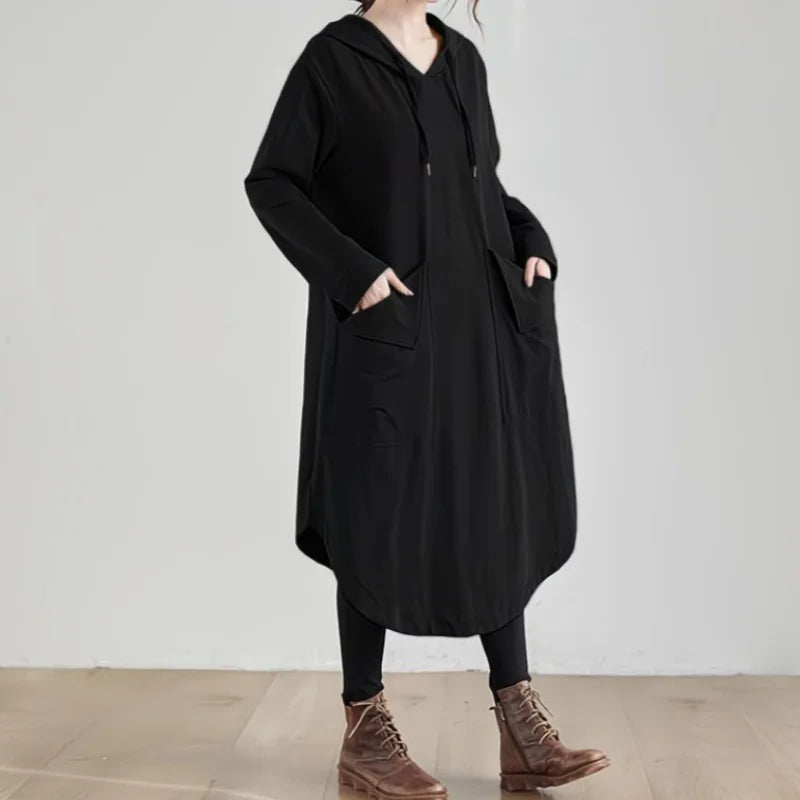 Plus Size Dresses Hooded Oversizes Autumn Loose Fashion Korean Solid Color Pockets Long Sleeve Midi Dress Maternity Coat Jacket