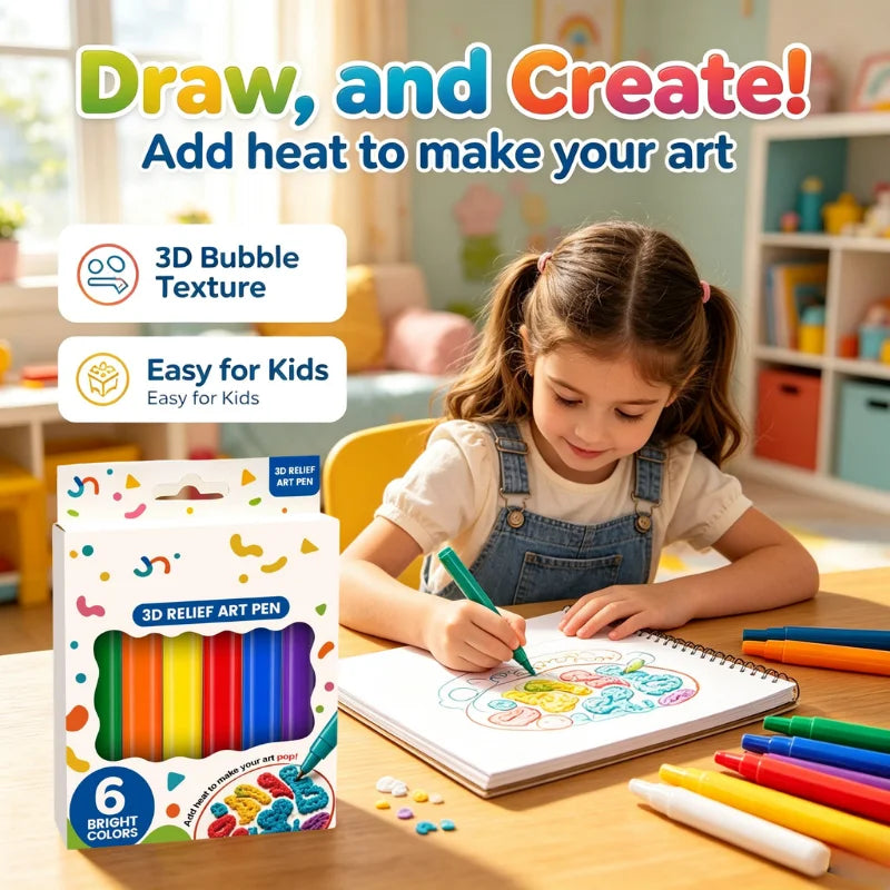 3D Relief Art Puffy Paint Pens 6 Vibrant Colors Heat Activated Raised Texture Drawing Markers DIY Handicraft Painting Tools