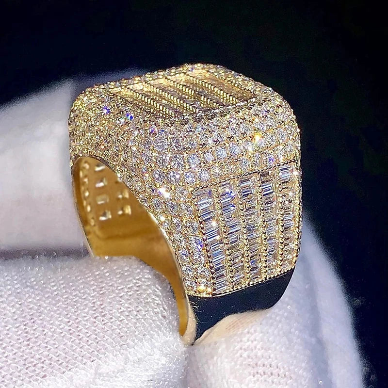 Huitan Gorgeous Gold Color Wedding Rings for Women Square Shaped Wide Band Rings Bling Bling CZ Engagement Party Trendy Jewelry
