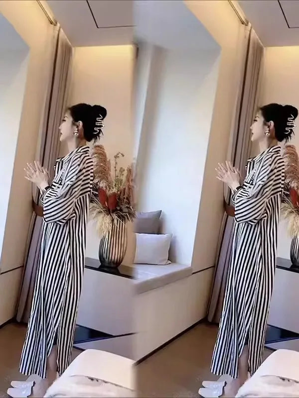 Women's Striped Loose Fit Midi Dress Long Sleeve Korean Style Slimming Sun Protection Casual Shirt Dress for Daily Wear