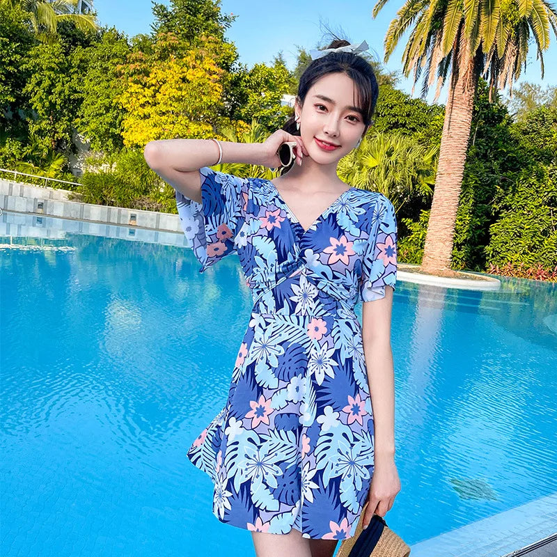 Women's One Piece Swimdress Tropical Floral V Neck Twist Front Short Sleeve Flared Skirt Summer Beach Bathing Suit Swimwear