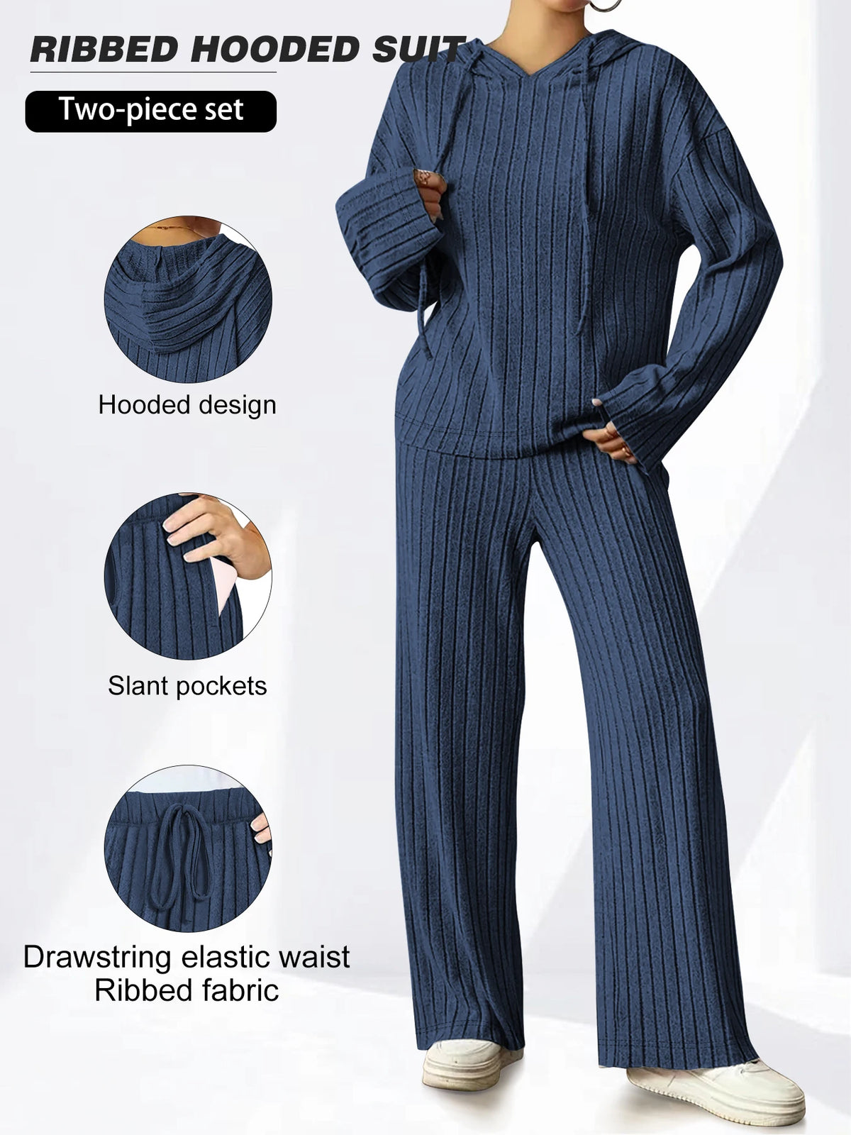 2 Pieces Ribbed Knit Outfits Drawstring Hoodies Jogger Pants Matching Pajama Sets with Pockets