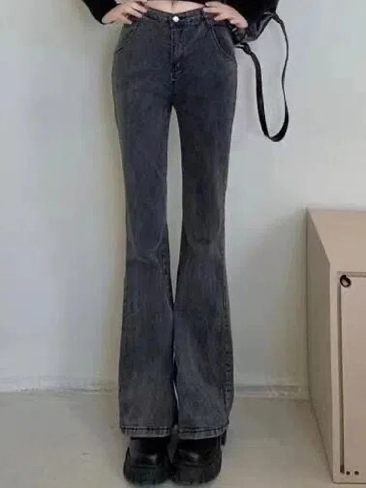 Women Korean Flare Jeans Girls High Waist Elastic Boot Cut Pants Lady Vintage Blue Black Gray Brown Denim Bell Bottom Trousers