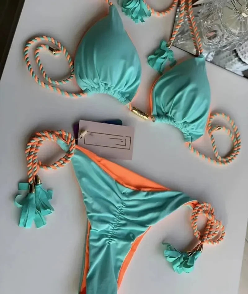 Women Contrast Color Tassel Bikini Set Halter Neck String Tie 2 Piece Swimsuit Push‑Up Beachwear Bathing Suit For Summer Beach