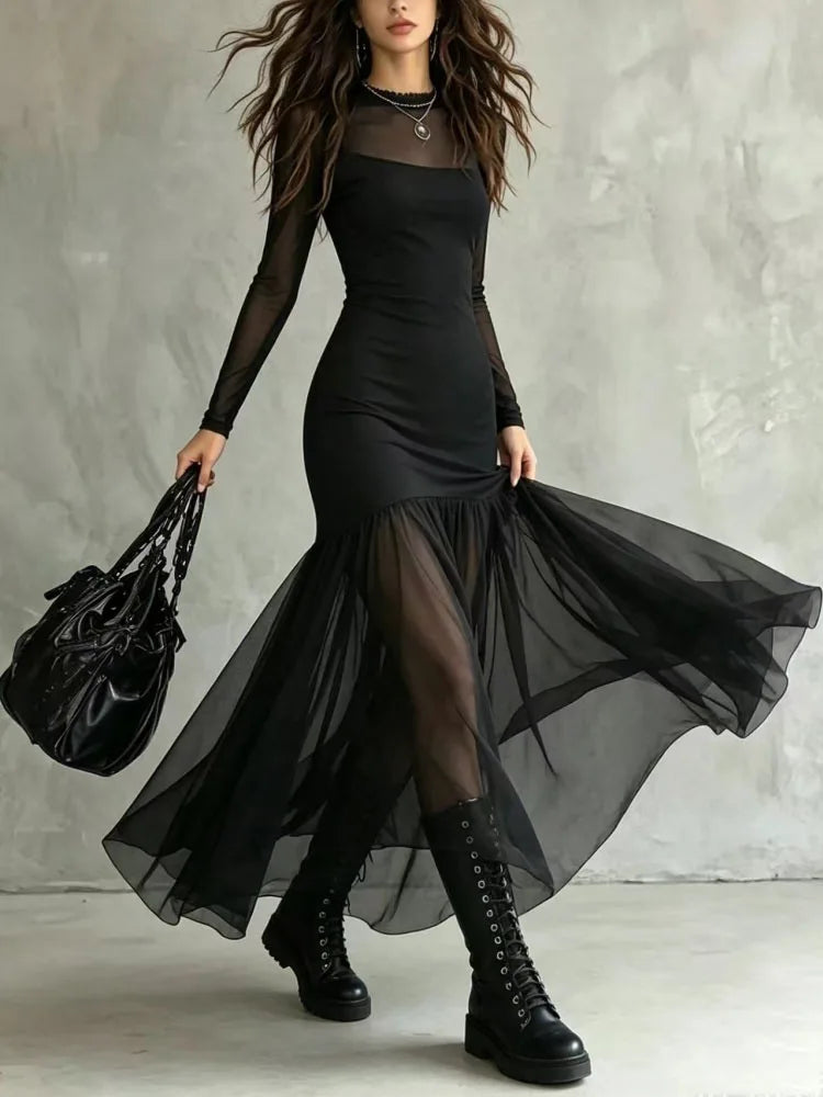 Women's Spring/Summer Outfit, Elegant Dress, Holiday Outfit, Casual Dress, Outing Dress, Mesh Dress, Long Sleeve Dress, Graduati