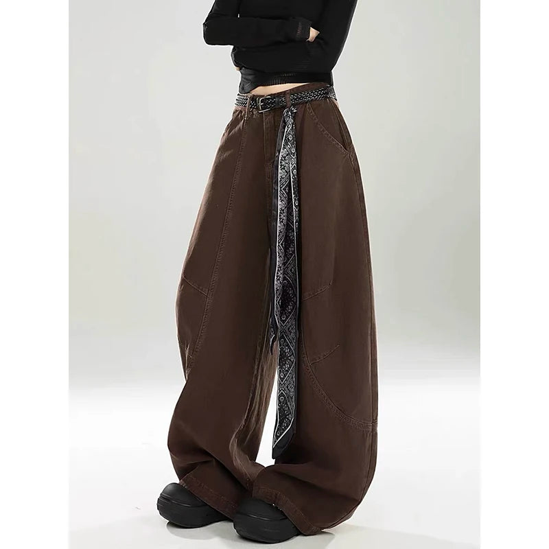 ZHIZOU Women Brown Gothic Baggy Y2k Jeans Vintage Harajuku Gradient Jean Pants American 2000s Oversize Denim Trousers Autumn