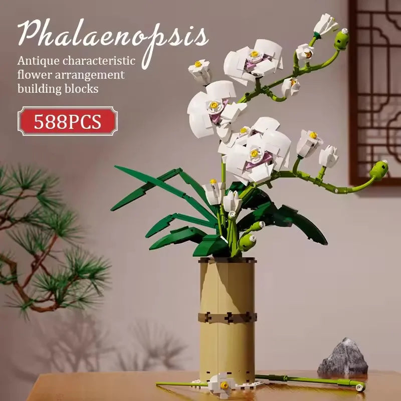 588PCS MOC Phalaenopsis Orchid Bouquet Building Blocks Potted Floral Model with Vase Creative Mini Bricks Home Decor Gift