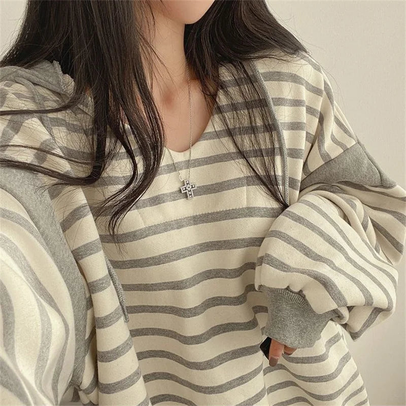 Korean Fashion Striped Patchwork Loose Hoodies Women Autumn Casual Long Sleeve Hooded Shirt Streetwear Y2K Oversized Sweatshirt