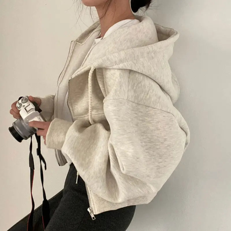 Sweatshirt Elegant Autumn Winter Hooded Sweatshirt Cardigan Women's Loose Long Sleeve Drawstring Design High Quality Simple Style